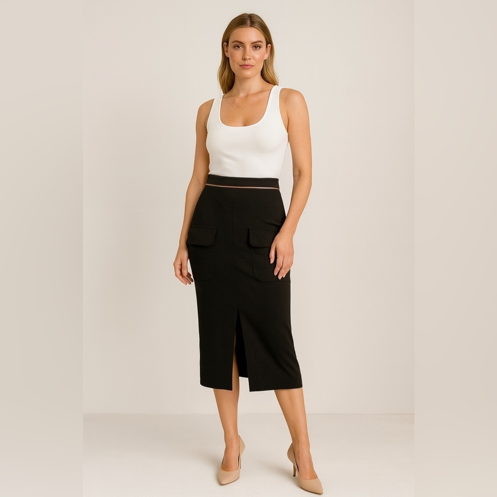 Silvian Heach Designer Pencil MIDI Skirt Stretch Cargo Black Front Slit Size S‍‍